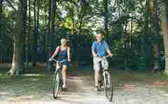 Two adults cycling in woodland. 